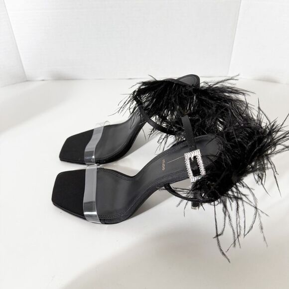 BLACK SUEDE STUDIO Trinity Satin Leather Ostrich Feather Black Sandals Size 10 - Picture 6 of 9